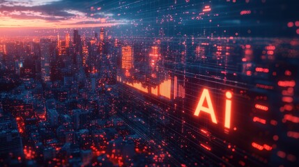 Obraz premium A cityscape with a glowing red letter A in the middle