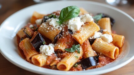 A warm plate of pasta alla Norma, with rigatoni, eggplant, ricotta salata, and a rich tomato sauce.