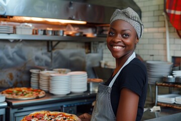 Smiling African American woman serving pizza in a cozy pizzeria  