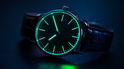 Illuminating Time: A close-up shot of a sleek, elegant wristwatch glows in the dark, showcasing intricate design details and a radiant face in a mood setting shot.