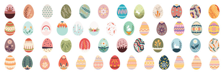 Easter Egg Illustrations Set with Rabbits, Flowers, Carrots and Colorful Patterns