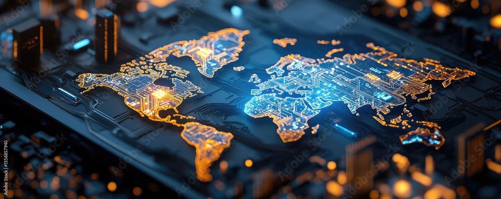 Poster earth at night displaying global finance and future business concept. digital world map illuminated 