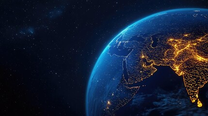 Obraz premium Earth at night with global communications and cityscapes concept. A stunning view of Earth illuminated by city lights at night.