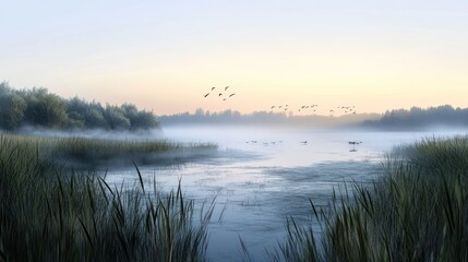 Fototapeta premium Tranquil morning lake scenery with mist, birds flying and reflections