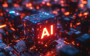 A cube with the letters AI on it is lit up with bright lights