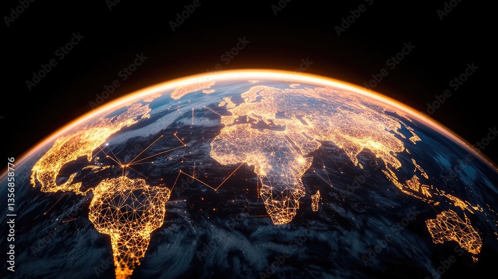 Poster earth at night displaying global finance and future business concept. illuminated earth from space s