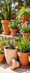 Colorful flower pots arranged on sunny patio, vibrant garden decor