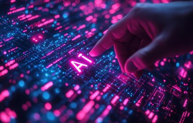 A hand pointing at the word AI on a computer screen