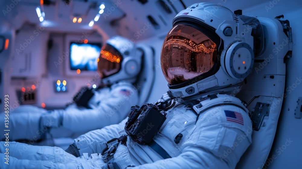 Poster Astronauts are seated in a spacecraft, equipped with advanced technology and instruments in preparation for an upcoming space mission, highlighting the importance of teamwork and focus.