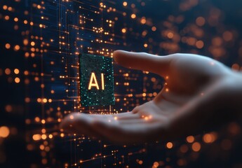 A hand is holding a computer chip with the letters AI on it