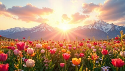 Tulip flowers in a vibrant mood blooming in a colorful field with a mountain sunset backdrop