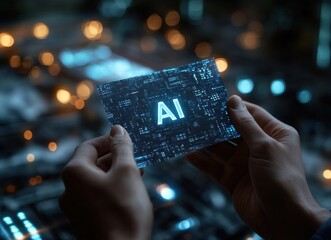 A hand holding a card with the word AI on it