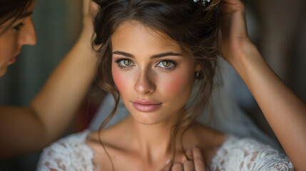 Fototapeta premium Bride adjusting her tiara, preparing for her wedding.