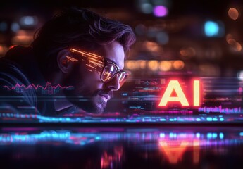 A man is looking at a computer screen with the word AI in red letters