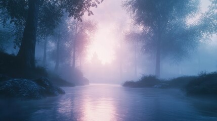 Enigmatic Dawn, A Mystical River Landscape Cloaked in Gentle Mist