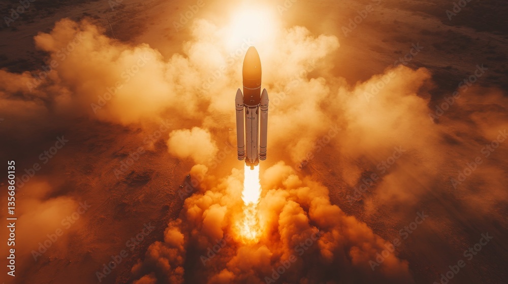 Poster a powerful rocket ascends with intense propulsion, sending fiery exhaust and smoke into the atmosphe