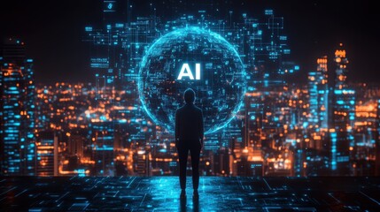 A person stands in front of a glowing sphere with the word AI written on it