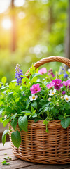 Wicker basket filled with fresh herbs and flowers in sunlight, nature's bounty