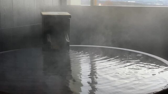 A private hot springs bath with running water and a view of the mountains. 