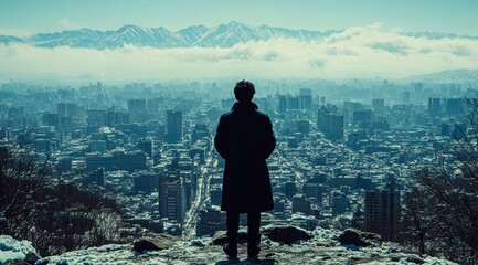 A man stands on a snowy mountain overlooking a city