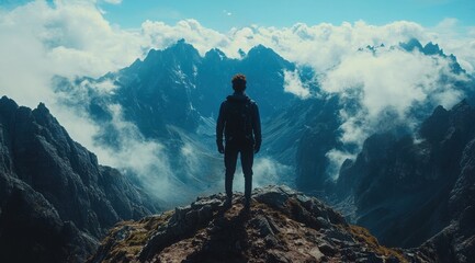 A man stands on a mountain top, looking out over the landscape