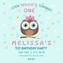 Birthday invitation. Owl girl with pink bow, delicate flowers in the background, one year