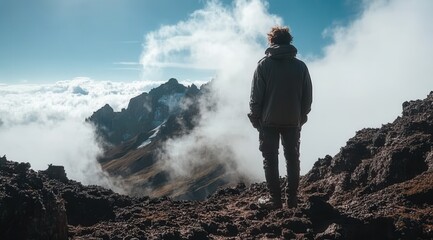 A man stands on a mountain top, looking out at the clouds