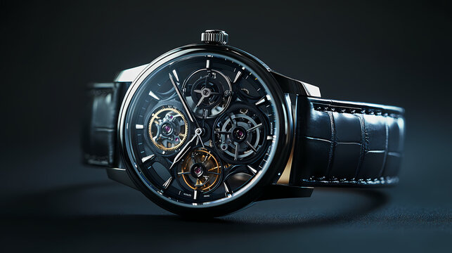 Time's Elegance: Close-up studio shot of a luxurious and sophisticated watch with intricate detailing, featuring a leather strap. Perfect for conveying style and luxury.