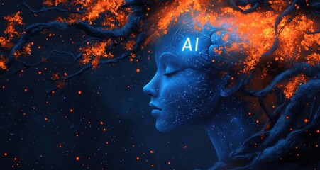 A woman's face is lit up with glowing blue and orange lights