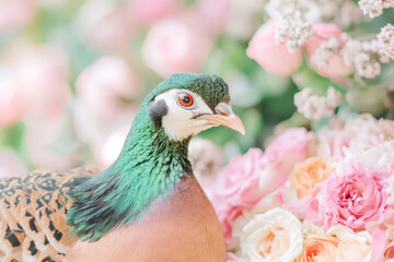 Obraz premium Pheasant with vibrant feathers surrounded by lush pastel flowers in dreamy garden setting