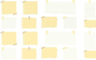 Big set of torn notepaper pieces with various patterns, taped and isolated on transparent background