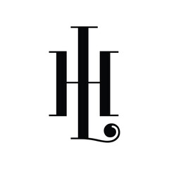 The image shows a flat monogram logo design of an initial letter LH in black color in classic serif font that looks elegant on a white background