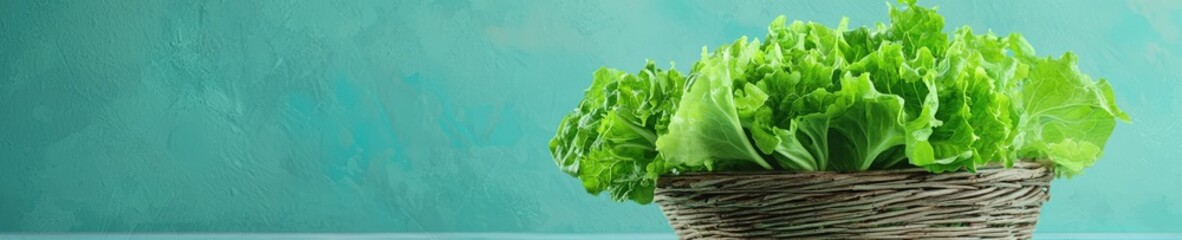 A basket filled with a variety of fresh green lettuce leaves is placed on a table