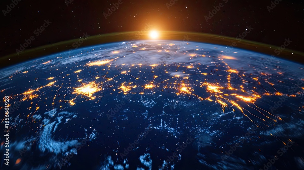 Poster earth at night displaying global finance and future business concept. view of earth from space with 