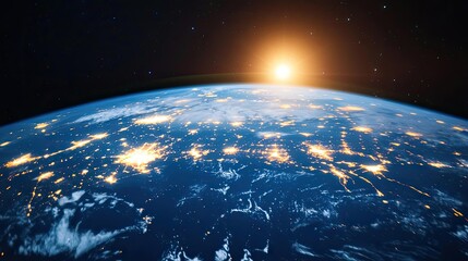 Obraz premium Earth at night displaying global finance and future business concept. Beautiful view of Earth from space during sunrise.