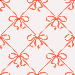 Cute aesthetic red ribbon bow seamless pattern on white background. Trendy hand drawn vector illustration. Perfect for wedding design, party decoration, gift wrapping paper and textile