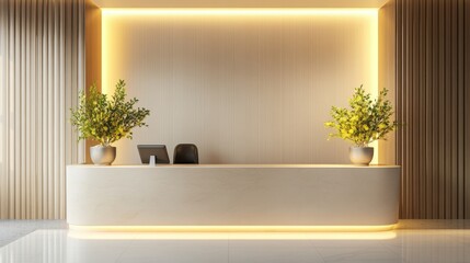Luxury Hotel Reception Desk with Elegant Lighting and Decorative Plants