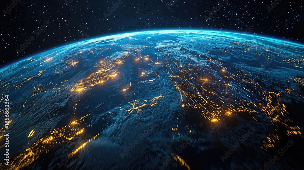 Poster earth at night displaying global finance and future business concept. nighttime view of earth from s