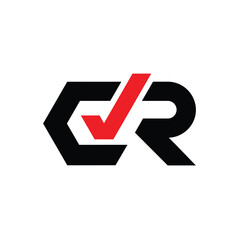 The image shows a flat logo design of an initial letter CR in black color with a red check mark icon that looks clean and sharp on a white background © JohnTorr