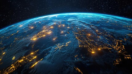 Obraz premium Earth at night displaying global finance and future business concept. Nighttime view of Earth from space showing lights and structure.