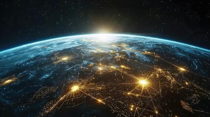 Obraz premium Earth at night displaying global finance and future business concept. A stunning view of Earth from space at sunrise, showcasing networks.