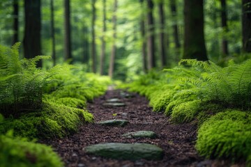 Obraz premium A dense rainforest with moss-covered rocks and ferns