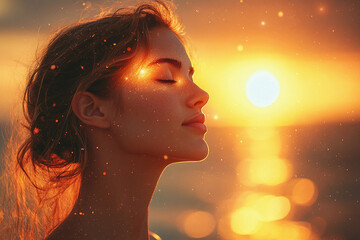 Portrait of a serene woman surrounded by ethereal cosmic astral lights and glowing vibrant energy patterns