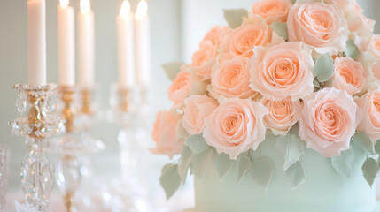Obraz premium Elegant floral centerpiece with pale pink roses and candles creating a romantic ambiance