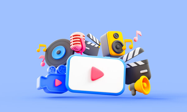 Vibrant 3D illustration showcasing a media and entertainment theme with a play button, microphone, speakers, film clapperboards, and music symbols.  