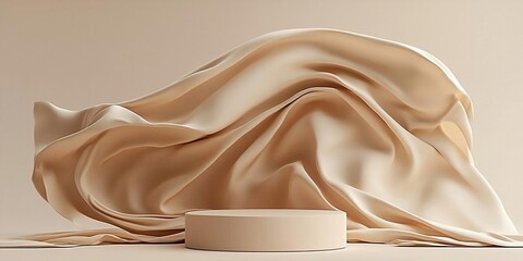 3D display podium, beige background with pedestal and flying nude color silk cloth curtain. Nature wind. Beauty, cosmetic product presentation stand. Luxury feminine mockup. Generative AI technology.