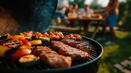 outdoor bbq party with people chatting, grill smoking in the background and picnic setup