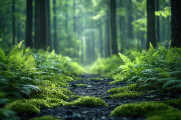A dense rainforest with moss-covered rocks and ferns