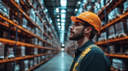 A worker in safety gear inspects the organized shelves of a warehouse filled with inventory. Bright lights illuminate the storage area, highlighting the efficiency of sorting operations.