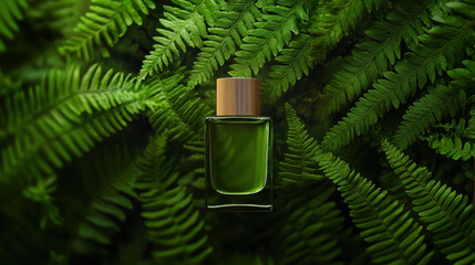 close up shot of green perfume bottle surrounded by lush green ferns, evoking sense of nature and freshness